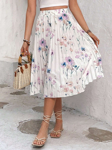 VCAY Women'S Floral Printed Pleated Floral Skirt