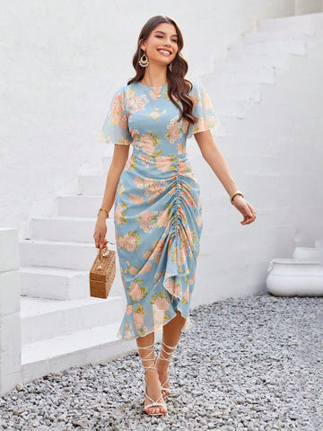Women'S Floral Printed Short Sleeve Ruffle Hem Drawstring Dress