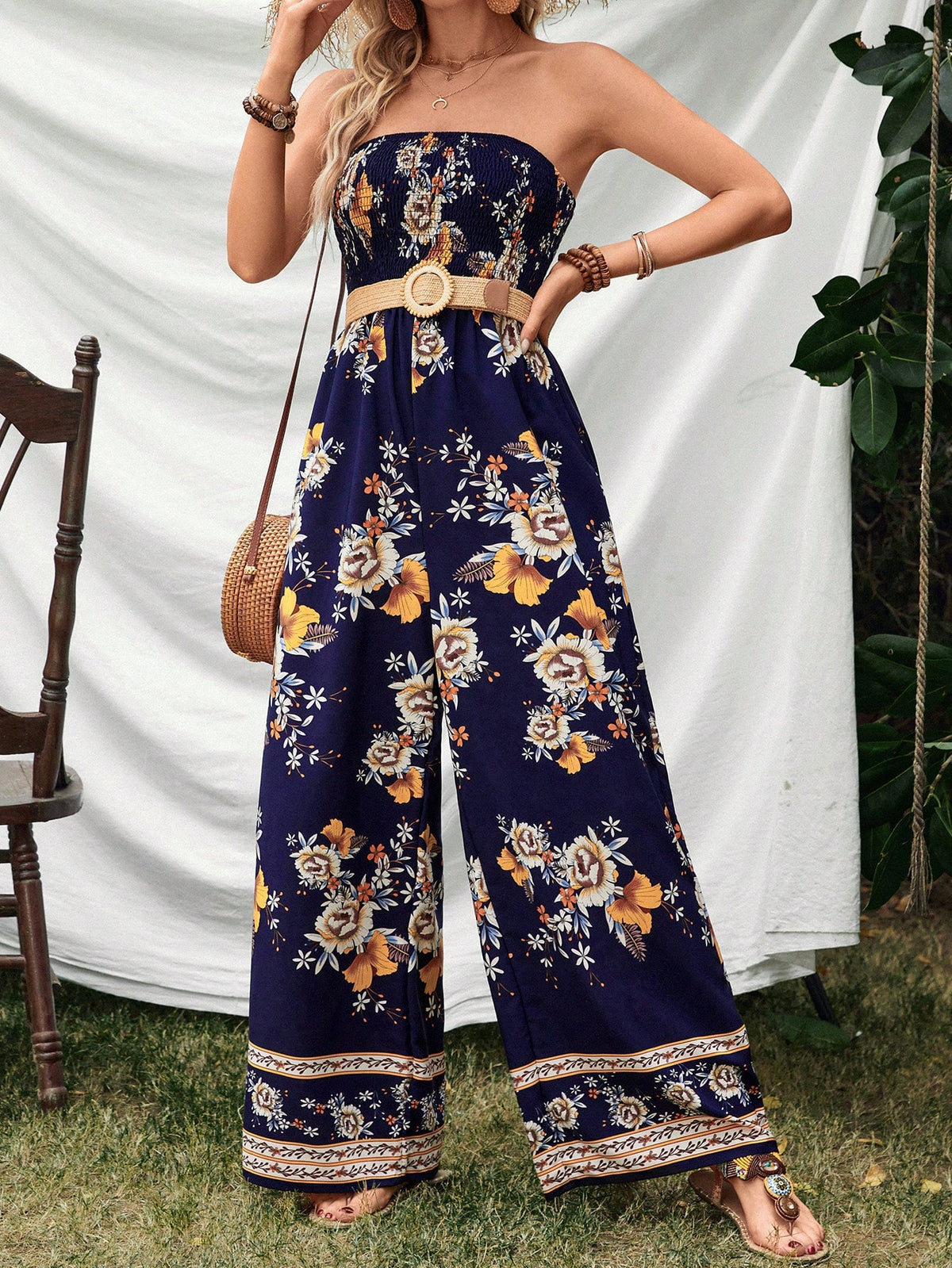 Women'S Floral Printed Strapless Jumpsuit