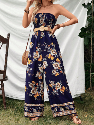 Women'S Floral Printed Strapless Jumpsuit