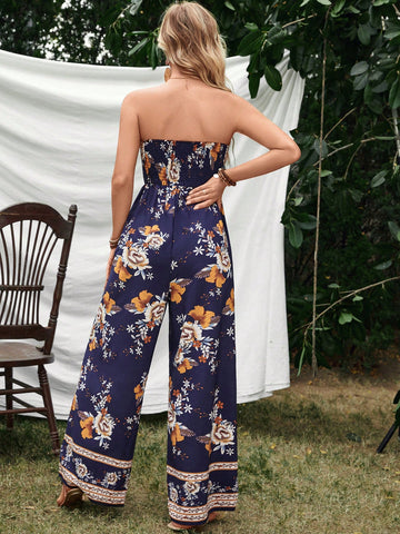 Women'S Floral Printed Strapless Jumpsuit