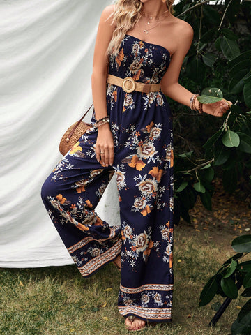 Women'S Floral Printed Strapless Jumpsuit