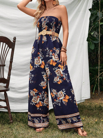 Women'S Floral Printed Strapless Jumpsuit