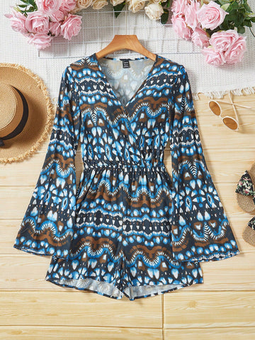 Women'S Floral Printed V-Neck Bell Sleeve Romper