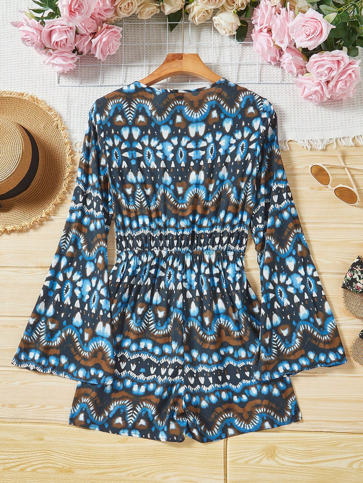 Women'S Floral Printed V-Neck Bell Sleeve Romper