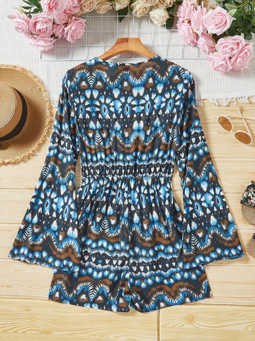 Women'S Floral Printed V-Neck Bell Sleeve Romper