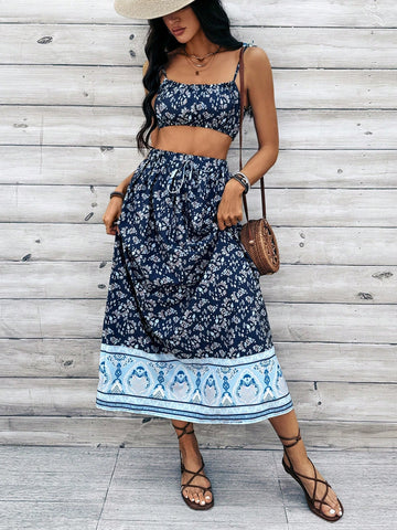 Women'S Floral Spaghetti Strap Camisole Top And Skirt Set