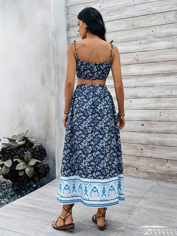 Women'S Floral Spaghetti Strap Camisole Top And Skirt Set