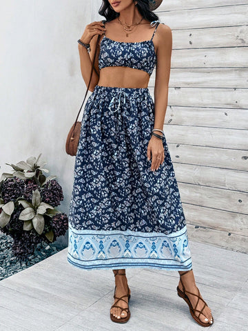 Women'S Floral Spaghetti Strap Camisole Top And Skirt Set