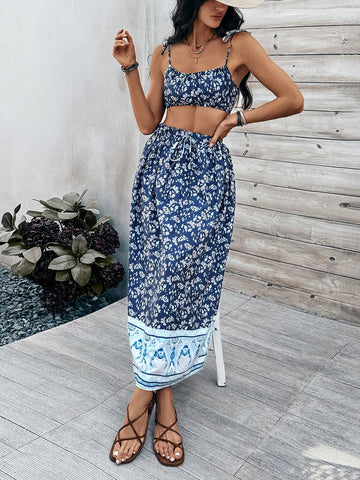 Women'S Floral Spaghetti Strap Camisole Top And Skirt Set