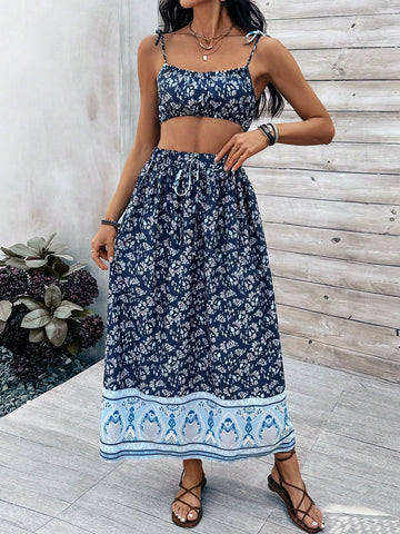 Women'S Floral Spaghetti Strap Camisole Top And Skirt Set