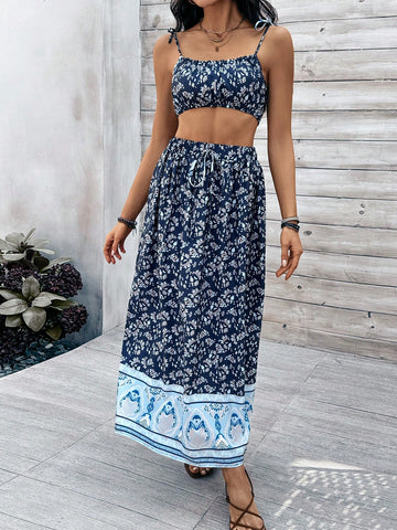 Women'S Floral Spaghetti Strap Camisole Top And Skirt Set