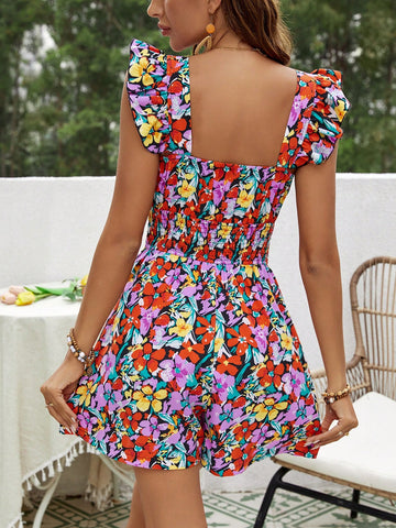 Women'S Full Body Floral Printed Short Sleeve Jumpsuit