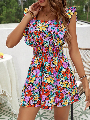 Women'S Full Body Floral Printed Short Sleeve Jumpsuit