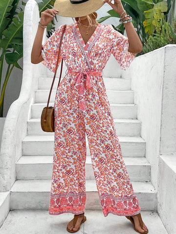 Women'S Full Body Printed Wrap Collared Jumpsuit