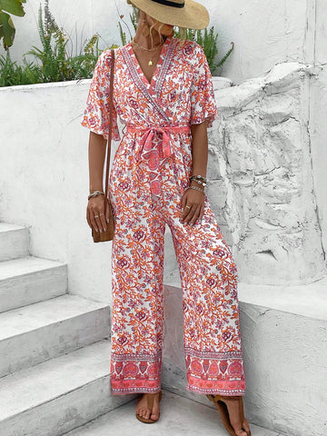 Women'S Full Body Printed Wrap Collared Jumpsuit