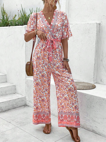 Women'S Full Body Printed Wrap Collared Jumpsuit