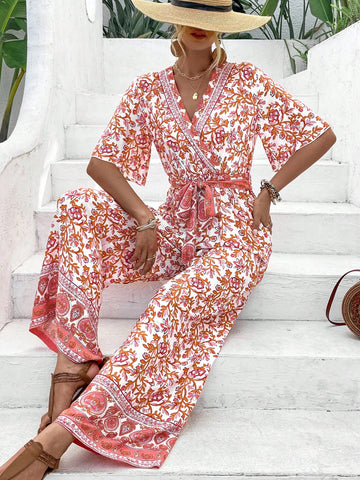 Women'S Full Body Printed Wrap Collared Jumpsuit