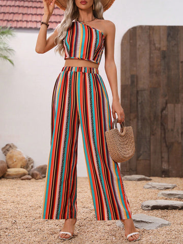 Women'S Geometric Pattern One Shoulder Top And Pants Two Piece Set