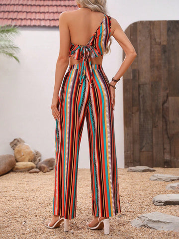 Women'S Geometric Pattern One Shoulder Top And Pants Two Piece Set