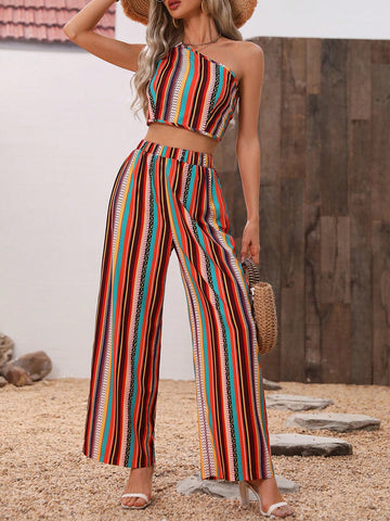 Women'S Geometric Pattern One Shoulder Top And Pants Two Piece Set