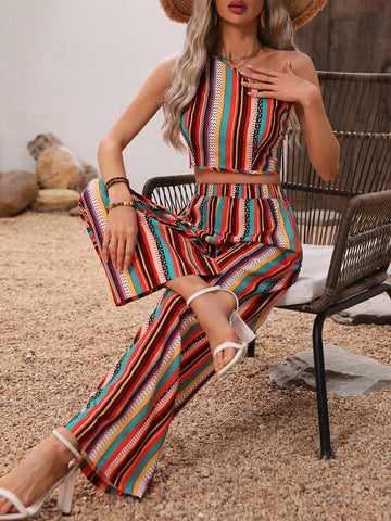 Women'S Geometric Pattern One Shoulder Top And Pants Two Piece Set