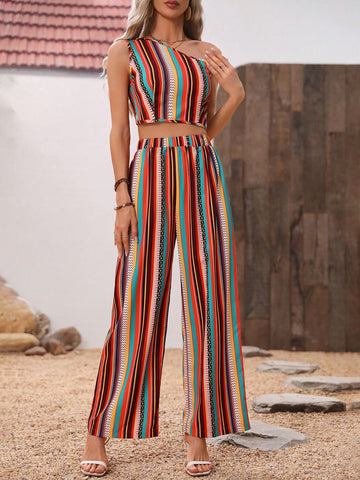 Women'S Geometric Pattern One Shoulder Top And Pants Two Piece Set