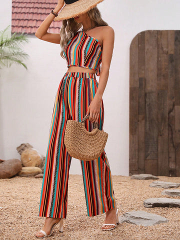 Women'S Geometric Pattern One Shoulder Top And Pants Two Piece Set