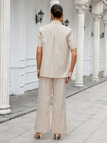 Women'S Geometric Print Short Sleeve Shirt And Pants Two Piece Set