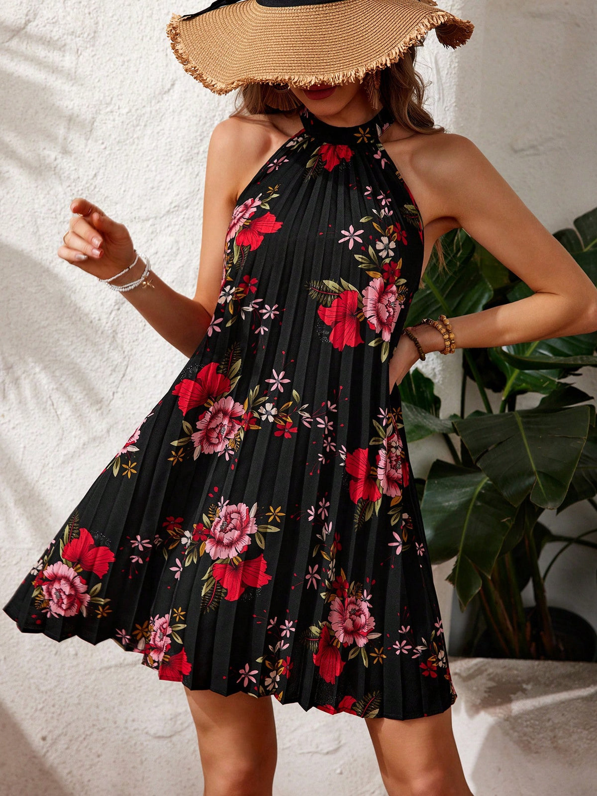 Women'S Holiday Floral Printed Pleated Halter Dress