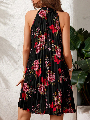 Women'S Holiday Floral Printed Pleated Halter Dress