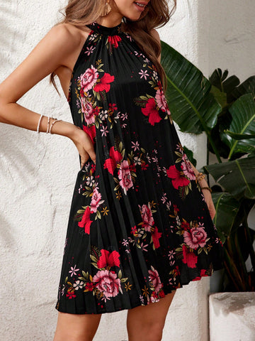 Women'S Holiday Floral Printed Pleated Halter Dress