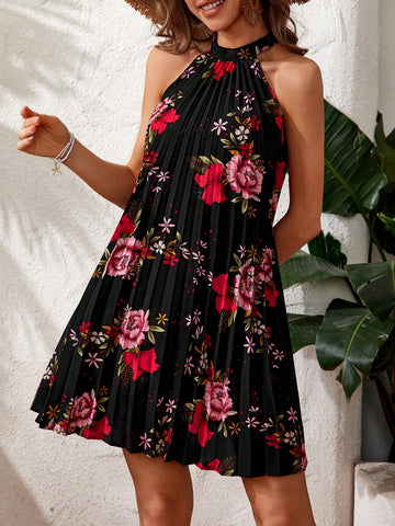 Women'S Holiday Floral Printed Pleated Halter Dress
