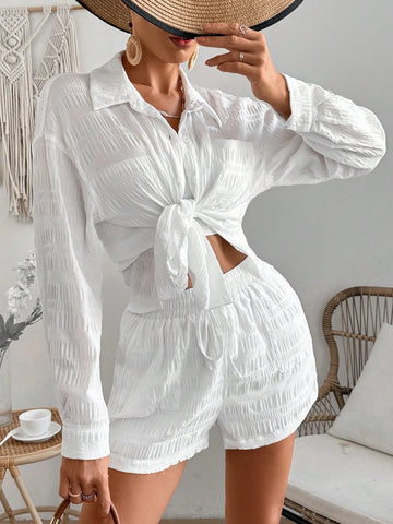 Women'S Off-Shoulder Long-Sleeved Shirt And Shorts Two-Piece Set
