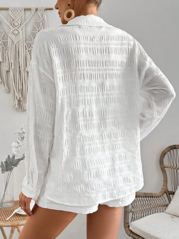 Women'S Off-Shoulder Long-Sleeved Shirt And Shorts Two-Piece Set