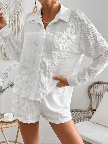 Women'S Off-Shoulder Long-Sleeved Shirt And Shorts Two-Piece Set
