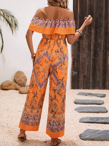 Women'S Off Shoulder Wide Leg Jumpsuit With Fruit Print And Ruffle Hem