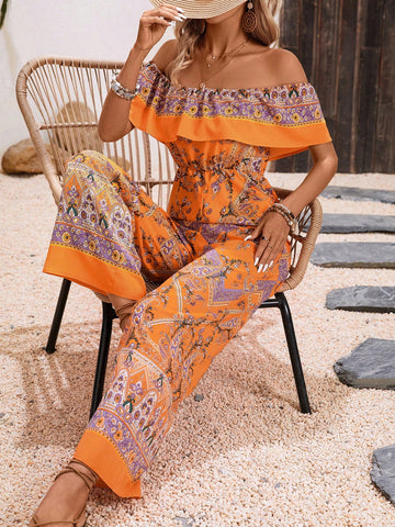 Women'S Off Shoulder Wide Leg Jumpsuit With Fruit Print And Ruffle Hem