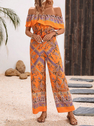 Women'S Off Shoulder Wide Leg Jumpsuit With Fruit Print And Ruffle Hem