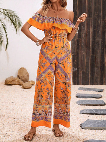 Women'S Off Shoulder Wide Leg Jumpsuit With Fruit Print And Ruffle Hem
