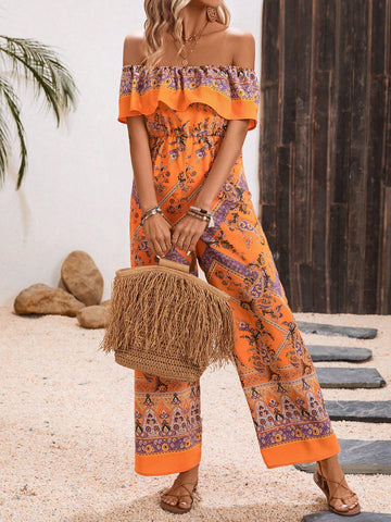 Women'S Off Shoulder Wide Leg Jumpsuit With Fruit Print And Ruffle Hem