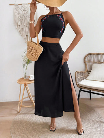Women'S Plant Embroidered Halter Vest And Skirt Two-Piece Set