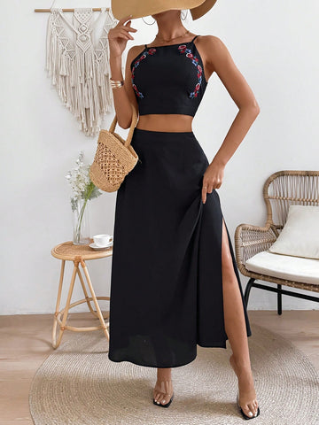 Women'S Plant Embroidered Halter Vest And Skirt Two-Piece Set