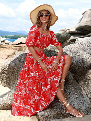 Women'S Plant Patterned Bubble Sleeve Top And Skirt Set