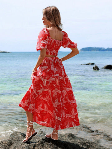 Women'S Plant Patterned Bubble Sleeve Top And Skirt Set