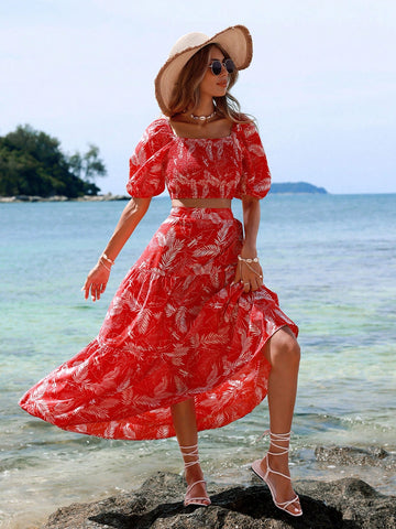 Women'S Plant Patterned Bubble Sleeve Top And Skirt Set