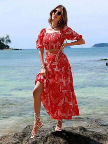 Women'S Plant Patterned Bubble Sleeve Top And Skirt Set