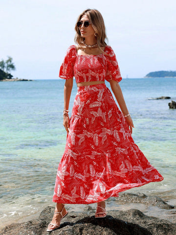 Women'S Plant Patterned Bubble Sleeve Top And Skirt Set