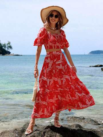 Women'S Plant Patterned Bubble Sleeve Top And Skirt Set