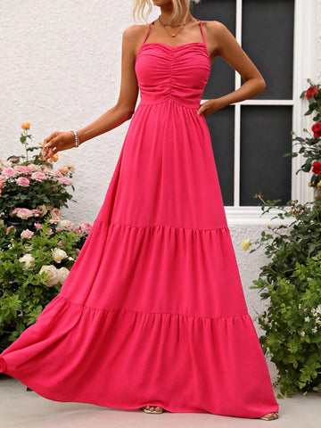Women'S Pleated Deep V Backless Spaghetti Strap Dress